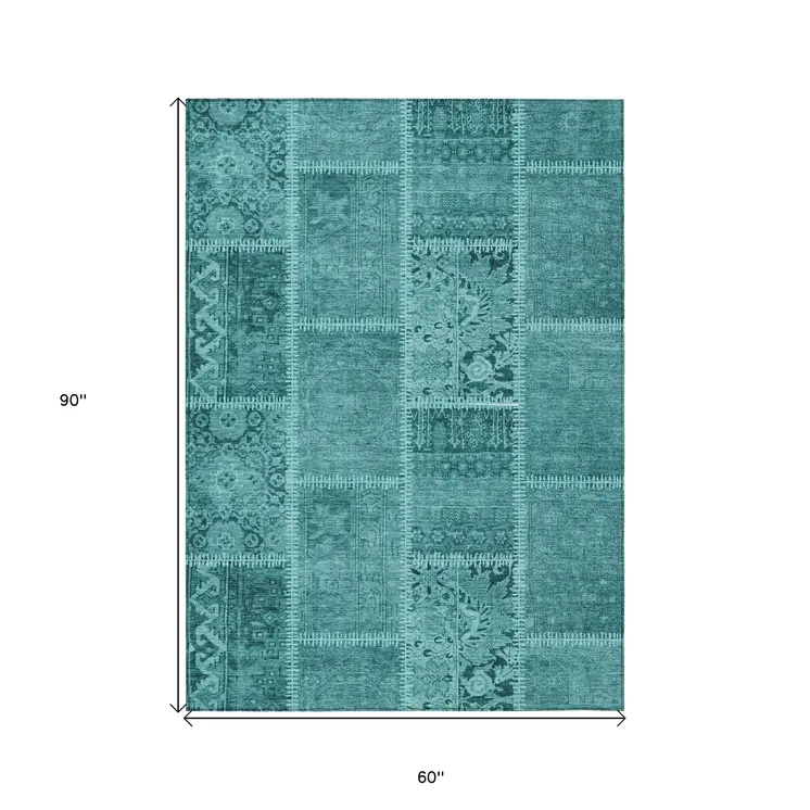 5' X 8' Turquoise Teal Blue And Aqua Patchwork Washable Indoor Outdoor Area Rug