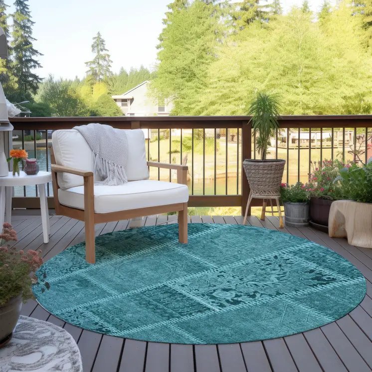 8' Turquoise Teal Blue And Aqua Round Patchwork Washable Indoor Outdoor Area Rug