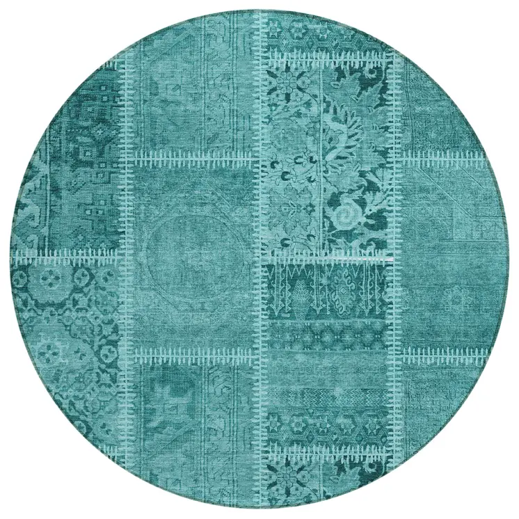 8' Turquoise Teal Blue And Aqua Round Patchwork Washable Indoor Outdoor Area Rug
