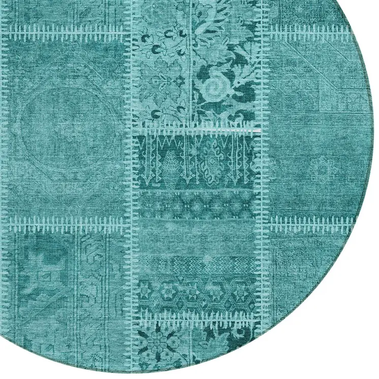 8' Turquoise Teal Blue And Aqua Round Patchwork Washable Indoor Outdoor Area Rug