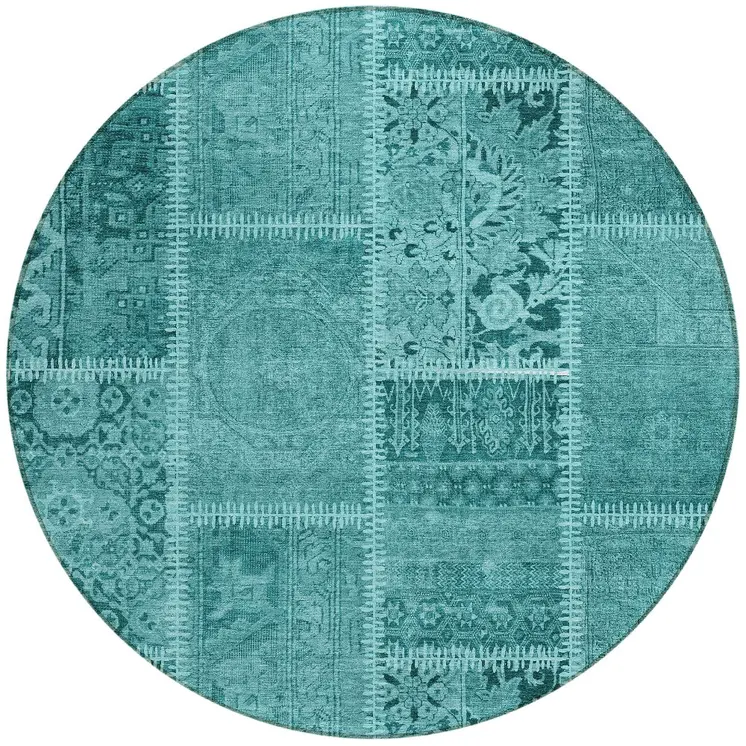 8' Turquoise Teal Blue And Aqua Round Patchwork Washable Indoor Outdoor Area Rug