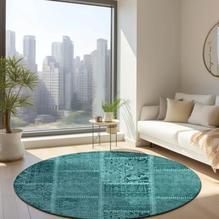 8' Turquoise Teal Blue And Aqua Round Patchwork Washable Indoor Outdoor Area Rug