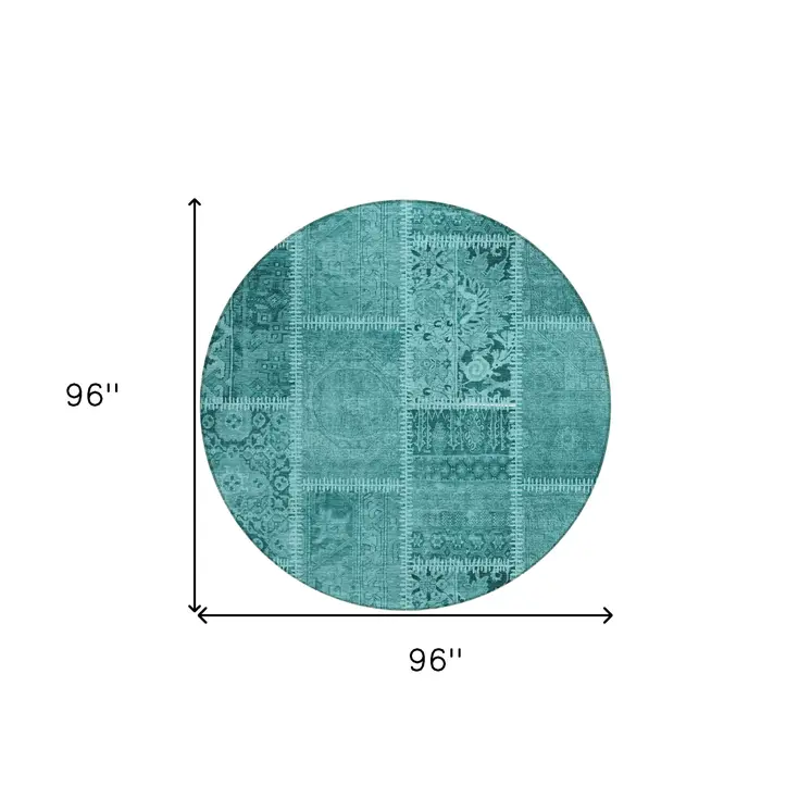 8' Turquoise Teal Blue And Aqua Round Patchwork Washable Indoor Outdoor Area Rug