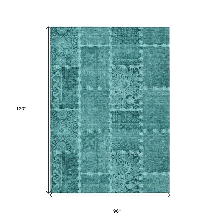 8' X 10' Turquoise Teal Blue And Aqua Patchwork Washable Indoor Outdoor Area Rug