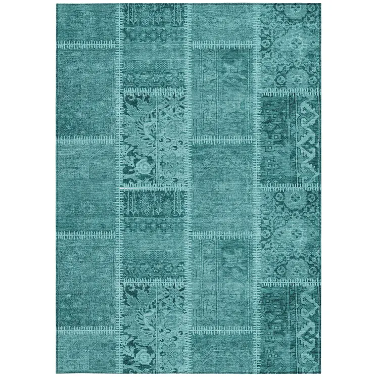 8' X 10' Turquoise Teal Blue And Aqua Patchwork Washable Indoor Outdoor Area Rug
