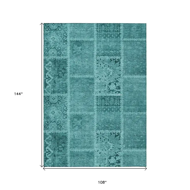 9' X 12' Turquoise Teal Blue And Aqua Patchwork Washable Indoor Outdoor Area Rug