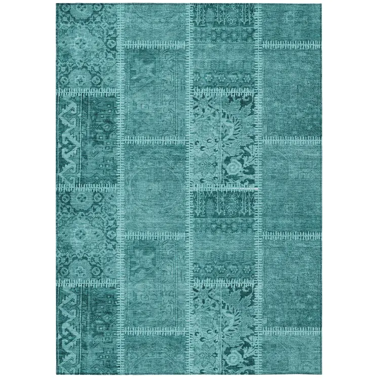 9' X 12' Turquoise Teal Blue And Aqua Patchwork Washable Indoor Outdoor Area Rug