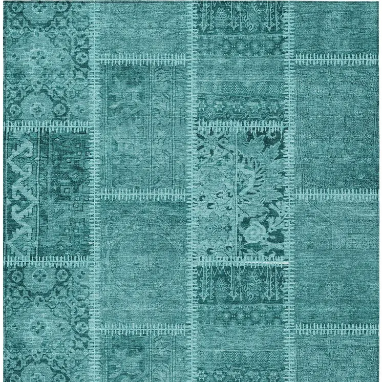 9' X 12' Turquoise Teal Blue And Aqua Patchwork Washable Indoor Outdoor Area Rug