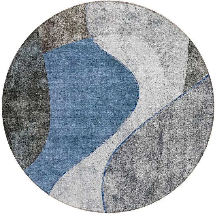 8' Denim Blue And Sky Blue Round Abstract Washable Indoor Outdoor Area Rug