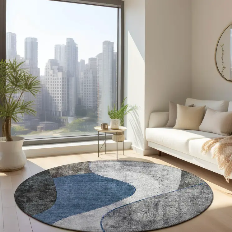 8' Denim Blue And Sky Blue Round Abstract Washable Indoor Outdoor Area Rug