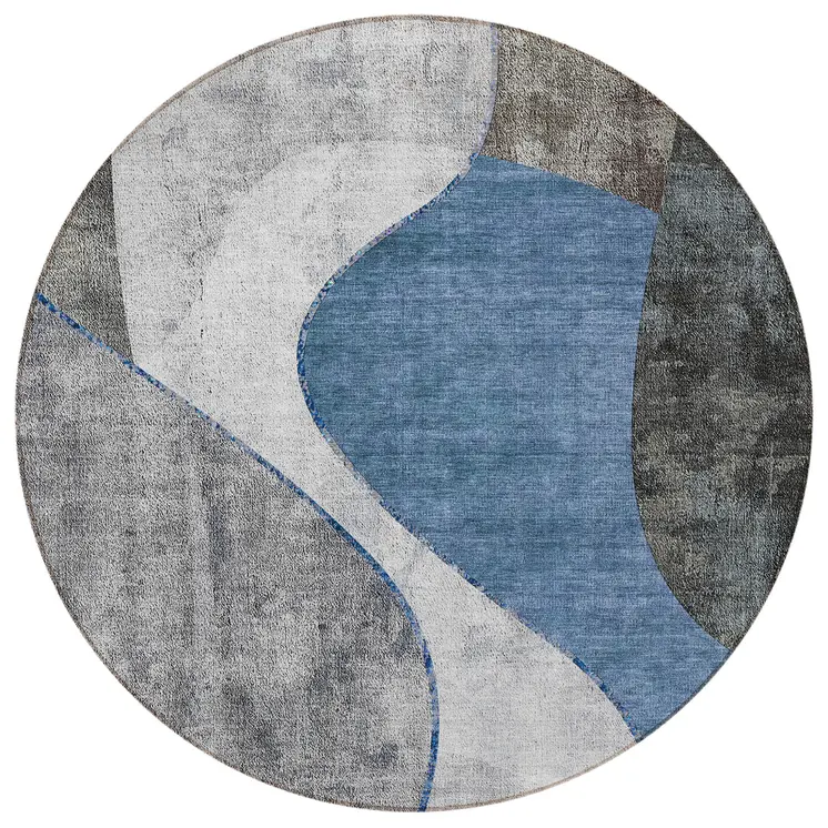 8' Denim Blue And Sky Blue Round Abstract Washable Indoor Outdoor Area Rug