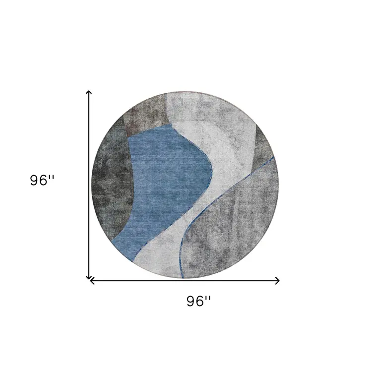 8' Denim Blue And Sky Blue Round Abstract Washable Indoor Outdoor Area Rug