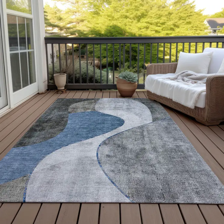 8' X 10' Denim Blue And Sky Blue Abstract Washable Indoor Outdoor Area Rug