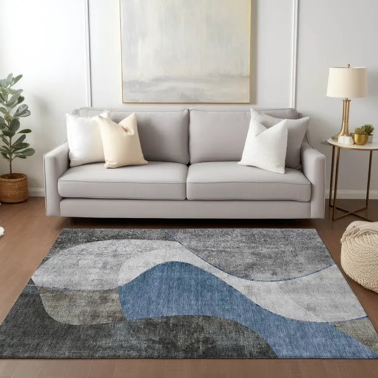 8' X 10' Denim Blue And Sky Blue Abstract Washable Indoor Outdoor Area Rug