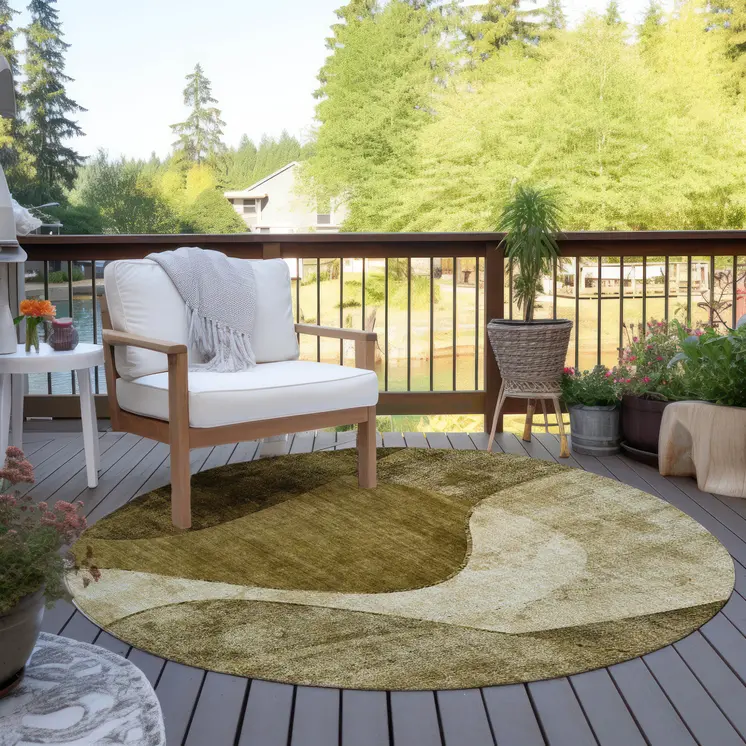 8' Brown Beige And Ivory Round Abstract Washable Indoor Outdoor Area Rug