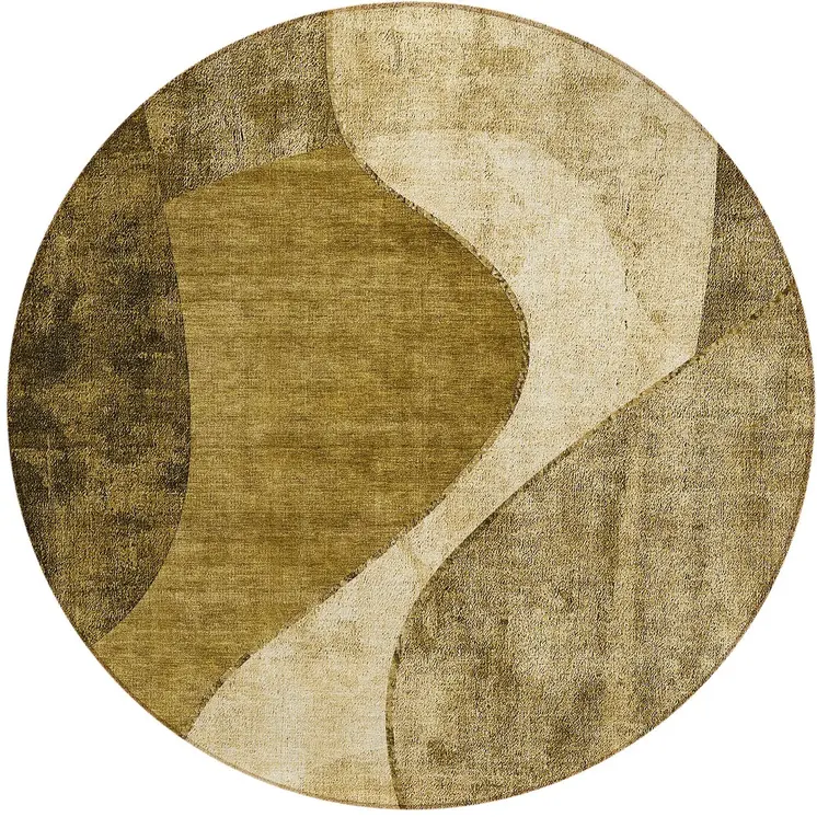 8' Brown Beige And Ivory Round Abstract Washable Indoor Outdoor Area Rug