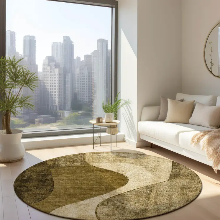 8' Brown Beige And Ivory Round Abstract Washable Indoor Outdoor Area Rug