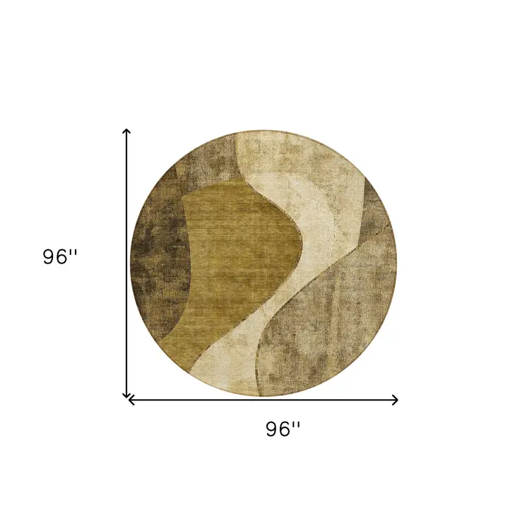 8' Brown Beige And Ivory Round Abstract Washable Indoor Outdoor Area Rug