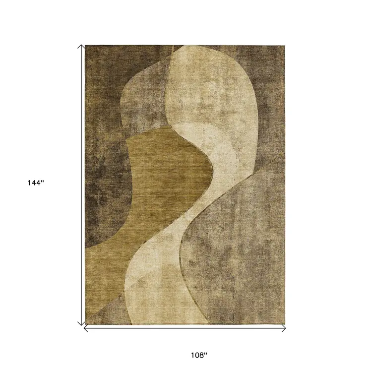 9' X 12' Brown Beige And Ivory Abstract Washable Indoor Outdoor Area Rug