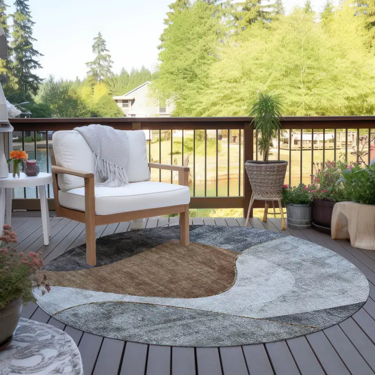 8' Gray Charcoal And Brown Round Abstract Washable Indoor Outdoor Area Rug