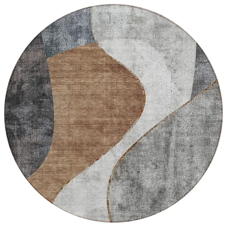 8' Gray Charcoal And Brown Round Abstract Washable Indoor Outdoor Area Rug
