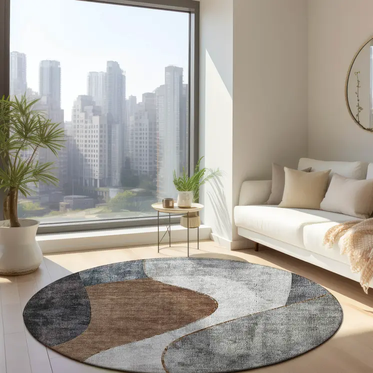 8' Gray Charcoal And Brown Round Abstract Washable Indoor Outdoor Area Rug