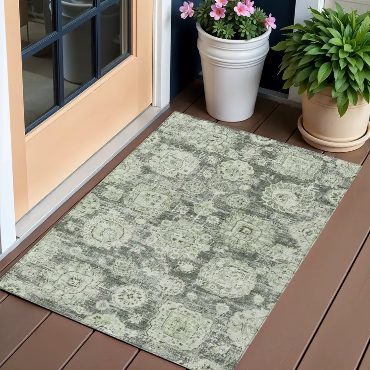 3' X 5' Artichoke Green And Olive Green Floral Washable Indoor Outdoor Area Rug