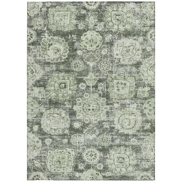 5' X 8' Artichoke Green And Olive Green Floral Washable Indoor Outdoor Area Rug