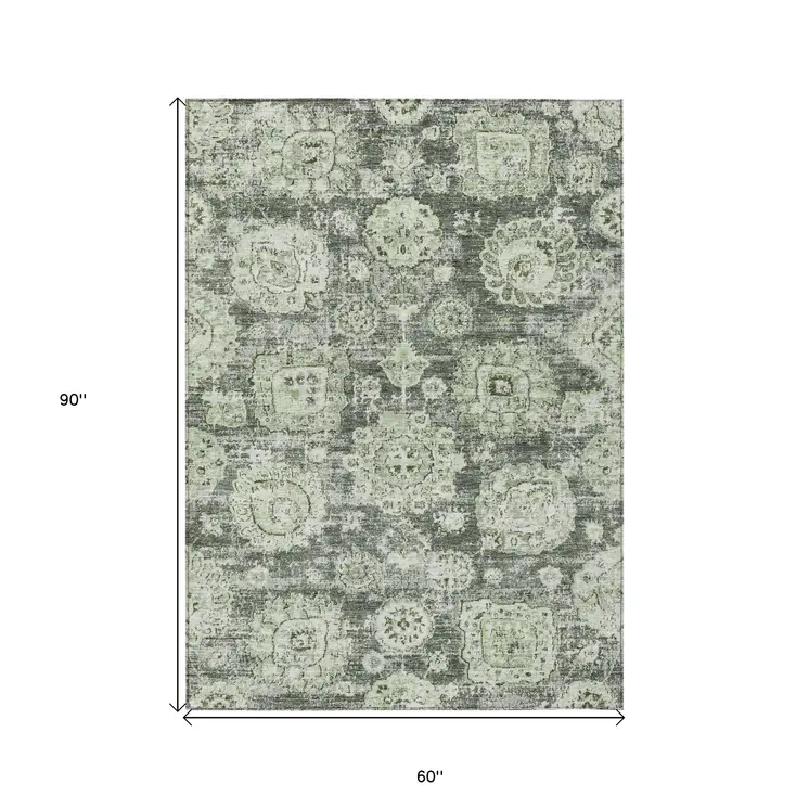5' X 8' Artichoke Green And Olive Green Floral Washable Indoor Outdoor Area Rug