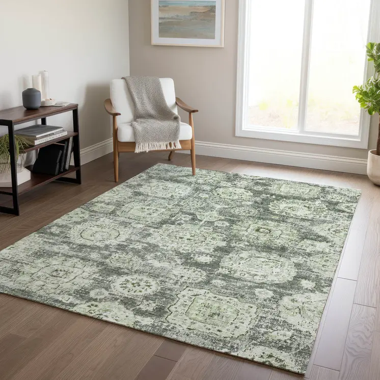 5' X 8' Artichoke Green And Olive Green Floral Washable Indoor Outdoor Area Rug