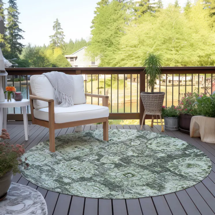 8' Artichoke Green And Olive Green Round Floral Washable Indoor Outdoor Area Rug