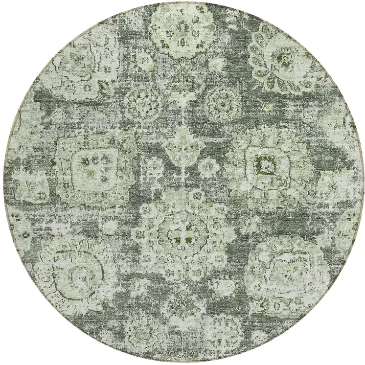 8' Artichoke Green And Olive Green Round Floral Washable Indoor Outdoor Area Rug