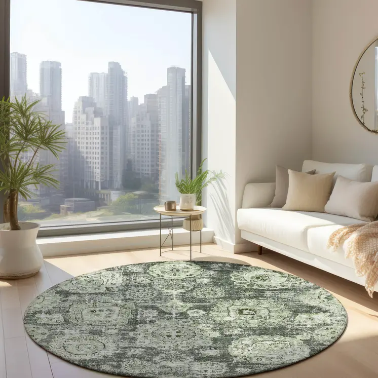 8' Artichoke Green And Olive Green Round Floral Washable Indoor Outdoor Area Rug