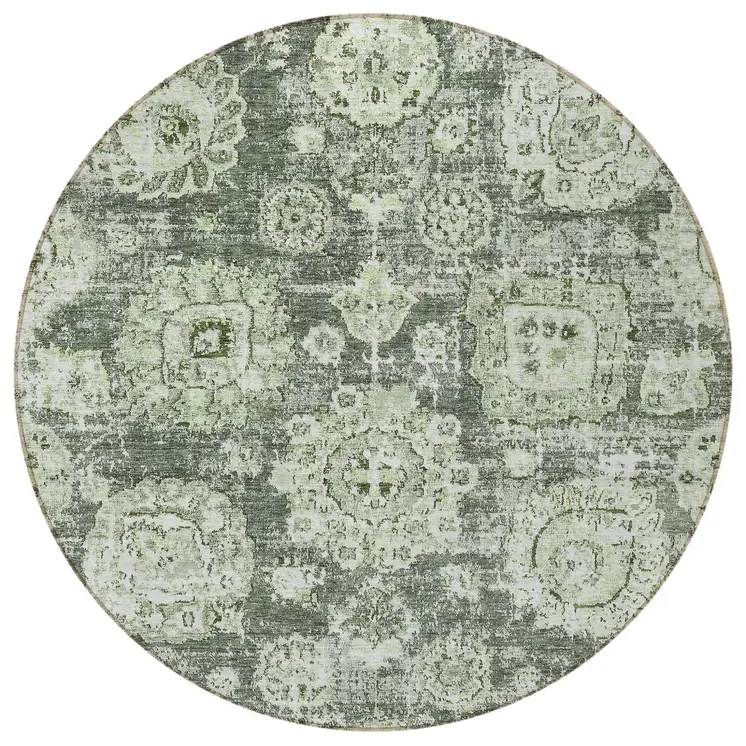 8' Artichoke Green And Olive Green Round Floral Washable Indoor Outdoor Area Rug