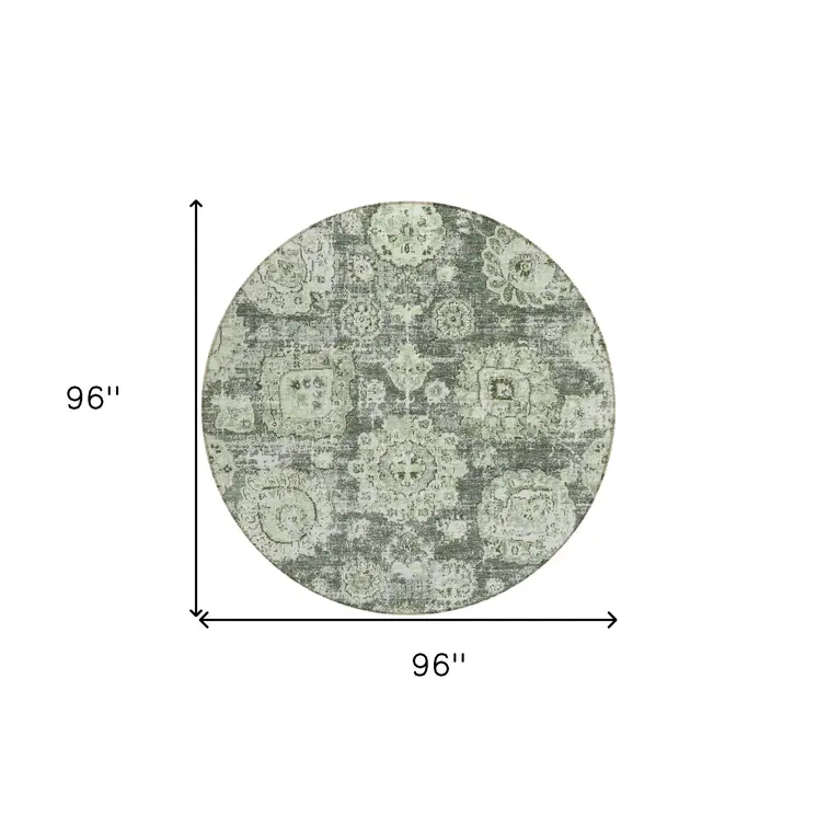 8' Artichoke Green And Olive Green Round Floral Washable Indoor Outdoor Area Rug