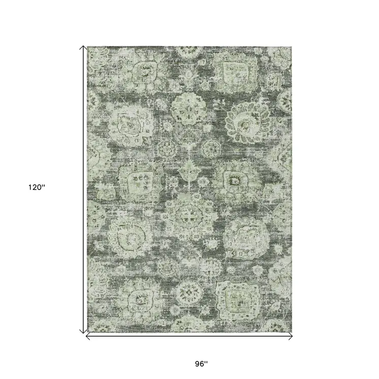 8' X 10' Artichoke Green And Olive Green Floral Washable Indoor Outdoor Area Rug