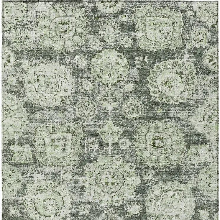 9' X 12' Artichoke Green And Olive Green Floral Washable Indoor Outdoor Area Rug