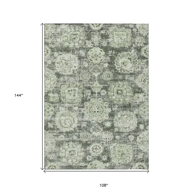 9' X 12' Artichoke Green And Olive Green Floral Washable Indoor Outdoor Area Rug