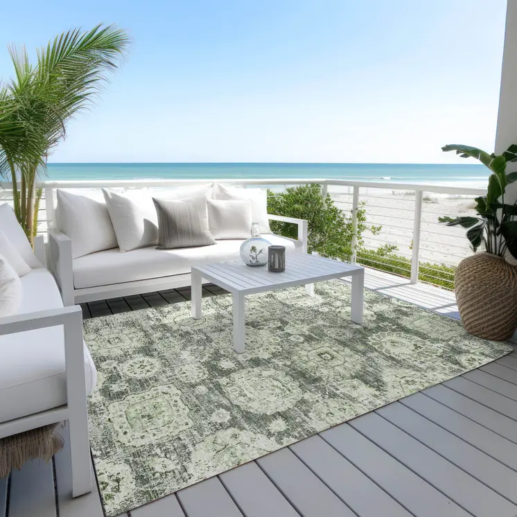 9' X 12' Artichoke Green And Olive Green Floral Washable Indoor Outdoor Area Rug