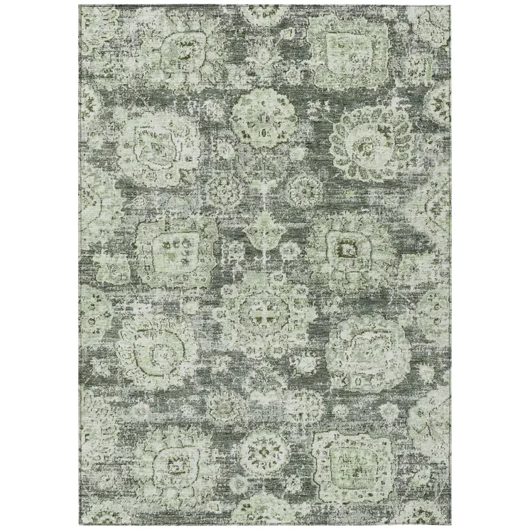 9' X 12' Artichoke Green And Olive Green Floral Washable Indoor Outdoor Area Rug