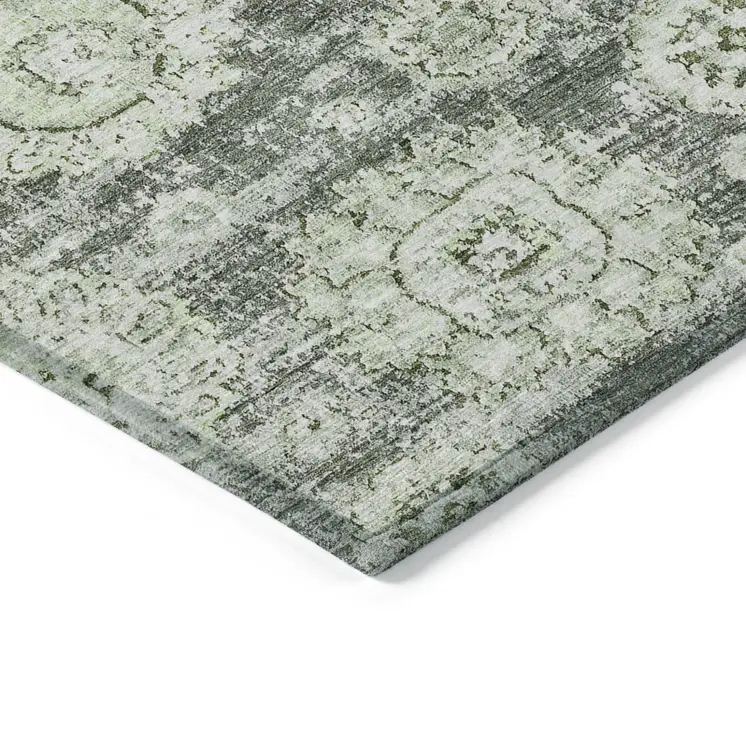 9' X 12' Artichoke Green And Olive Green Floral Washable Indoor Outdoor Area Rug