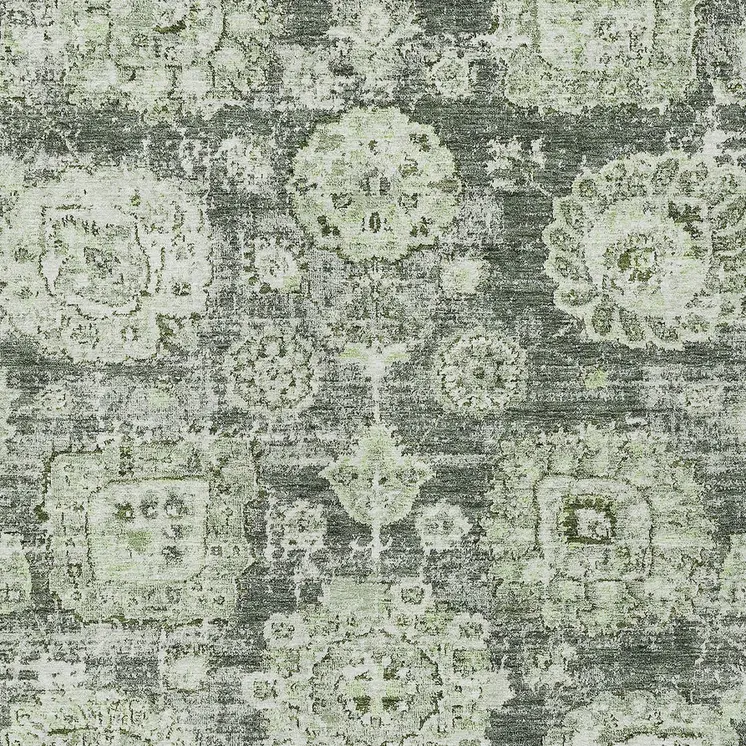 9' X 12' Artichoke Green And Olive Green Floral Washable Indoor Outdoor Area Rug