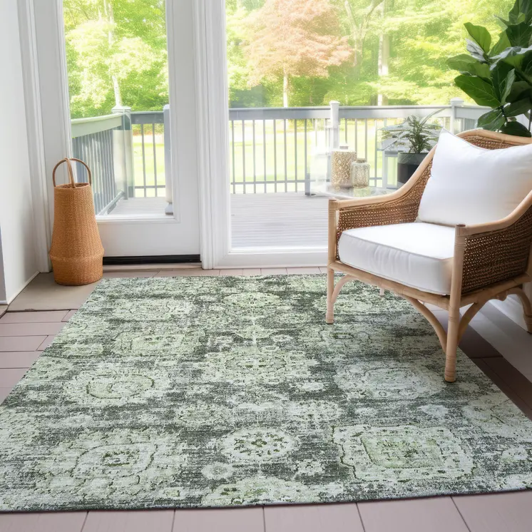 9' X 12' Artichoke Green And Olive Green Floral Washable Indoor Outdoor Area Rug
