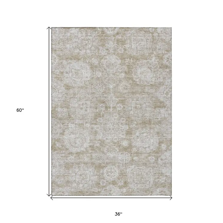 3' X 5' Beige Tan And Gray Floral Washable Indoor Outdoor Area Rug