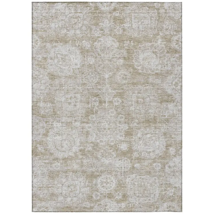 3' X 5' Beige Tan And Gray Floral Washable Indoor Outdoor Area Rug