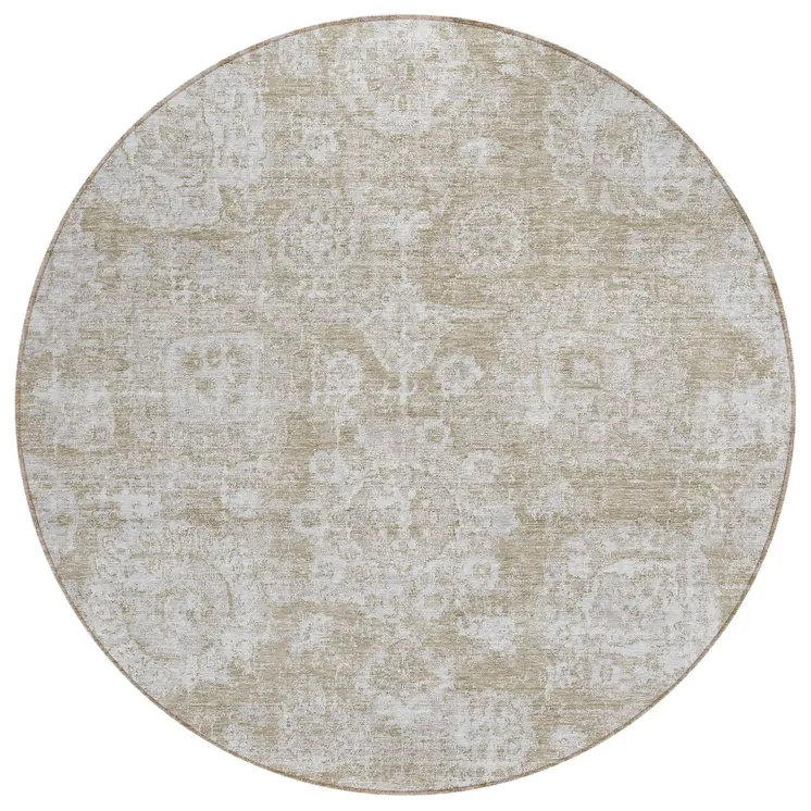 8' Beige Tan And Gray Round Floral Washable Indoor Outdoor Area Rug