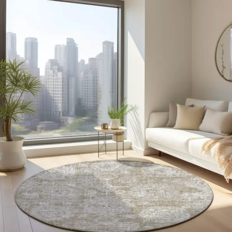 8' Beige Tan And Gray Round Floral Washable Indoor Outdoor Area Rug