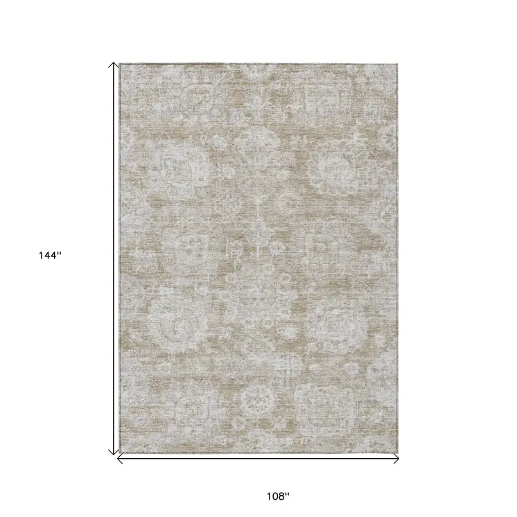 9' X 12' Beige Tan And Gray Floral Washable Indoor Outdoor Area Rug