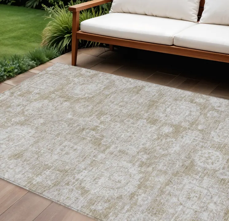 10' X 14' Beige Tan And Gray Floral Washable Indoor Outdoor Area Rug