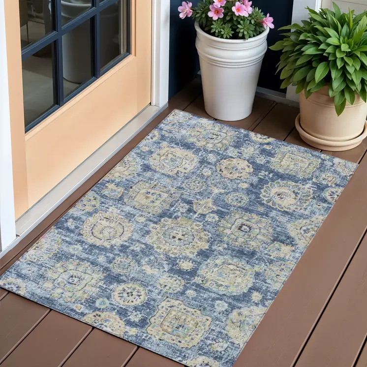 3' X 5' Navy Blue And Beige Floral Washable Indoor Outdoor Area Rug